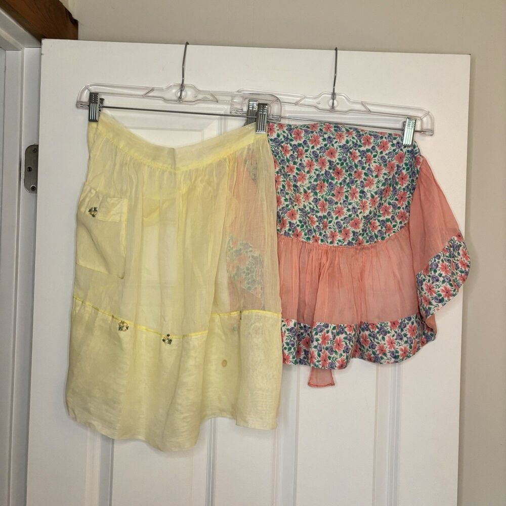 Lot Of Two Vintage 1940S Aprons Handmade Embroidered Yellow Pink Floral
